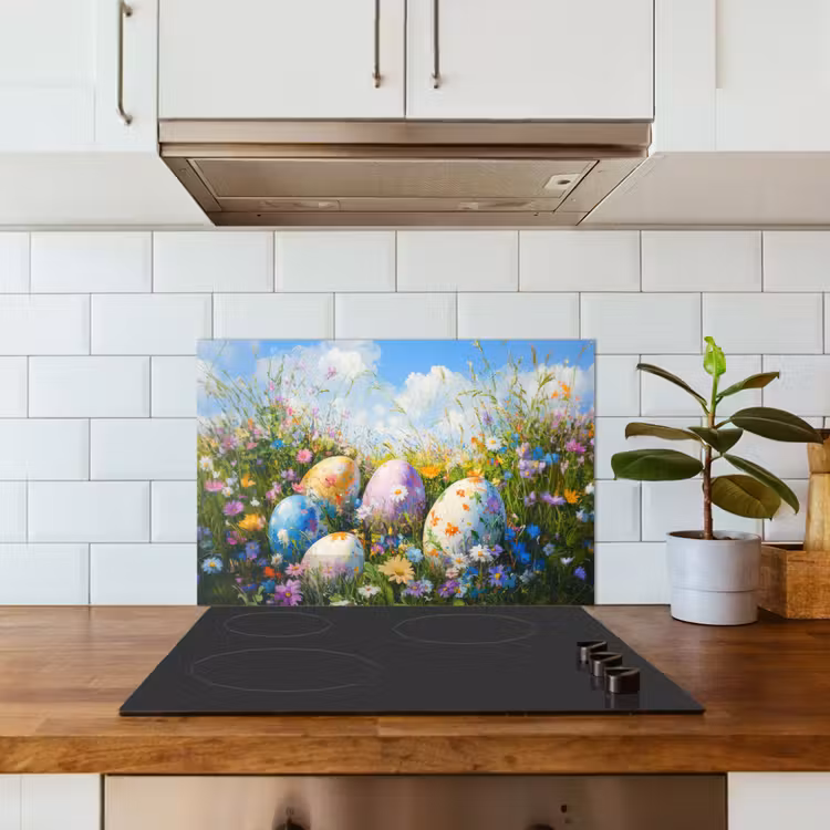 Grasveld - Eieren - Bloemen keuken achterwand spatscherm klein -sfeer2