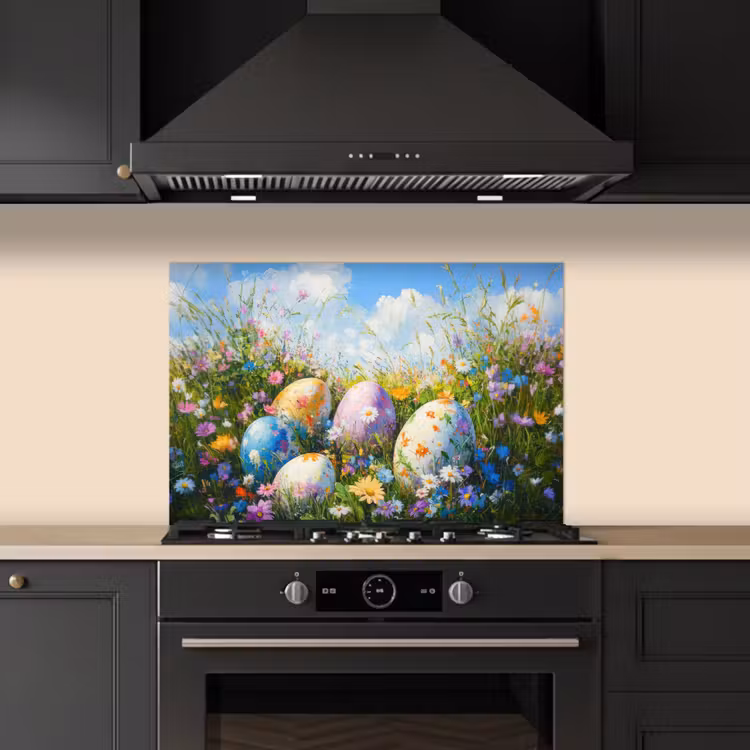 Grasveld - Eieren - Bloemen keuken achterwand spatscherm klein -sfeer1