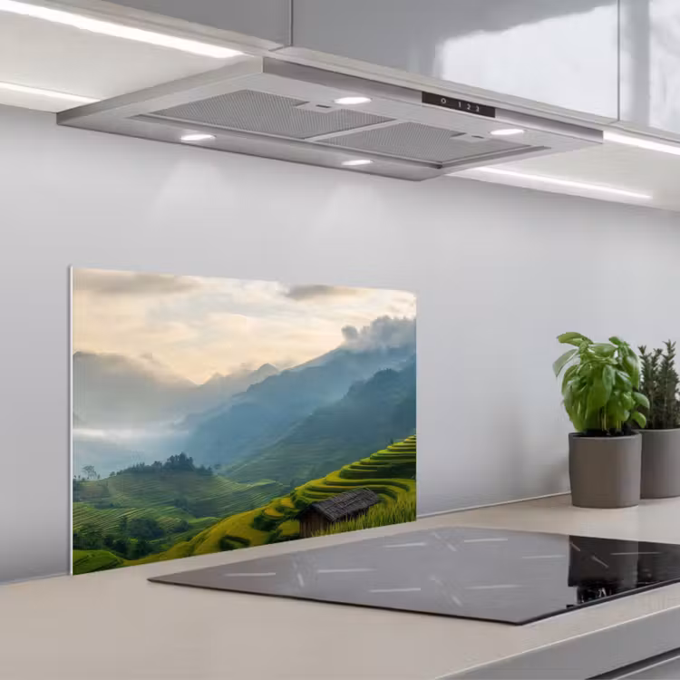 Rijstvelden - Bergen - Groen - Natuur keuken achterwand spatscherm klein -3d_schuin