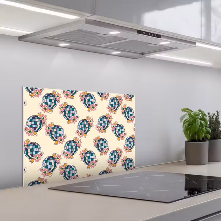Retro - Disco - Bloemen - Discobal keuken achterwand spatscherm klein 900 -3d_schuin