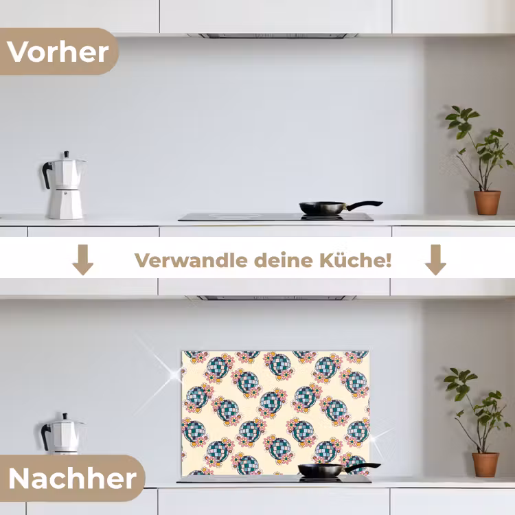 Retro - Disco - Bloemen - Discobal keuken achterwand spatscherm klein 900 -voor_na_DE