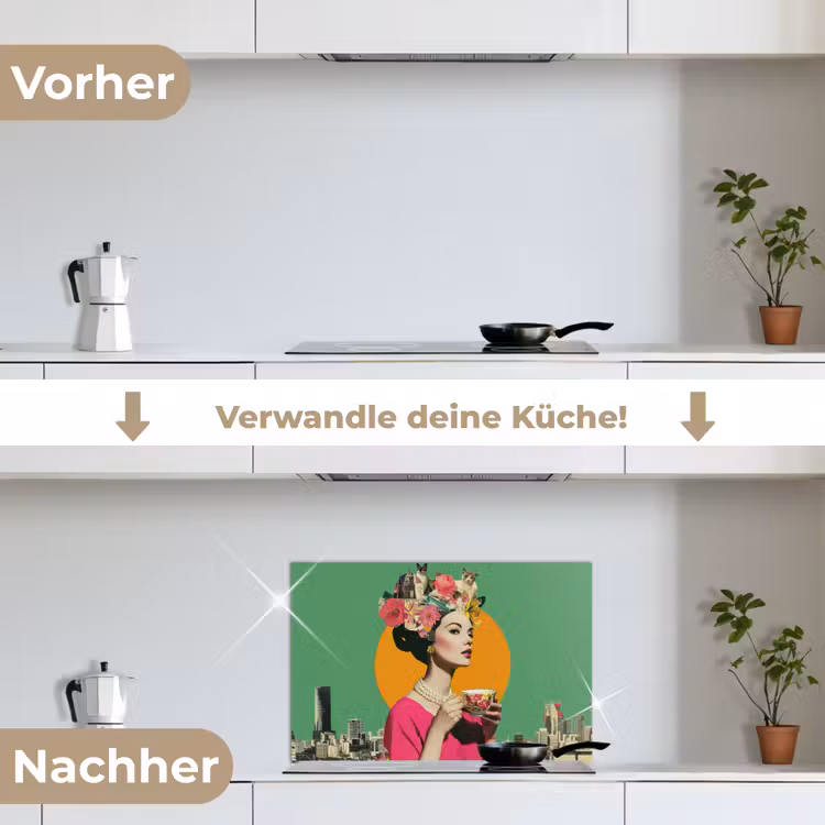 Retro - Vrouw - Stad - Zon keuken achterwand spatscherm klein -voor_na_DE