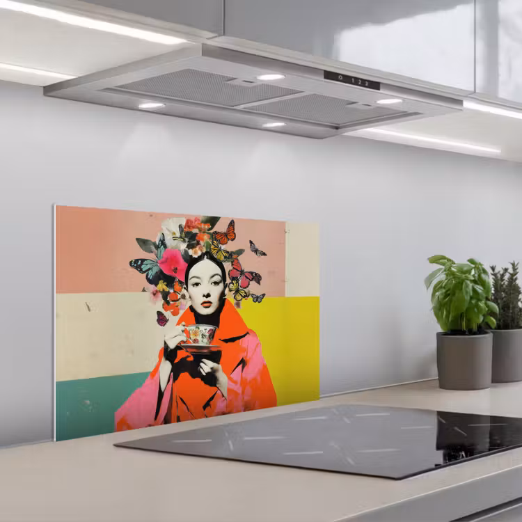 Retro - Vrouw - Kopje - Vlinders keuken achterwand spatscherm klein -3d_schuin