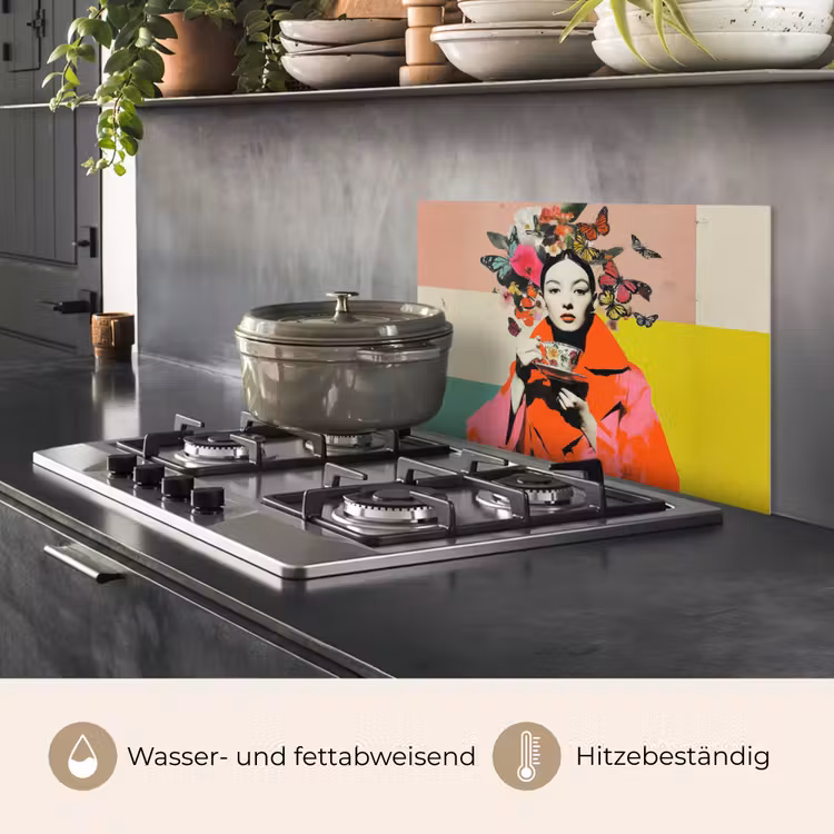 Retro - Vrouw - Kopje - Vlinders keuken achterwand spatscherm klein -usp_DE