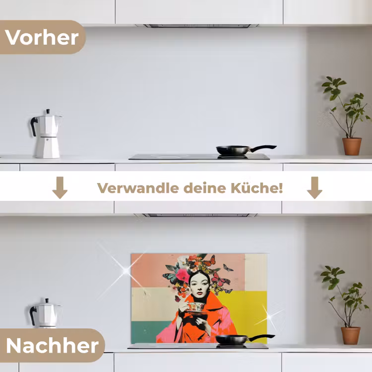 Retro - Vrouw - Kopje - Vlinders keuken achterwand spatscherm klein -voor_na_DE