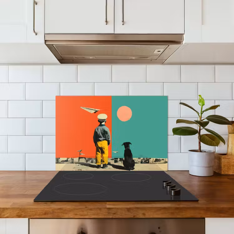 Retro - Jongen - Hond - Rood - Groen keuken achterwand spatscherm klein -sfeer2