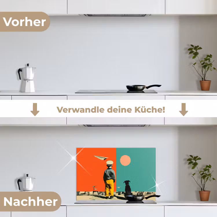 Retro - Jongen - Hond - Rood - Groen keuken achterwand spatscherm klein -voor_na_DE