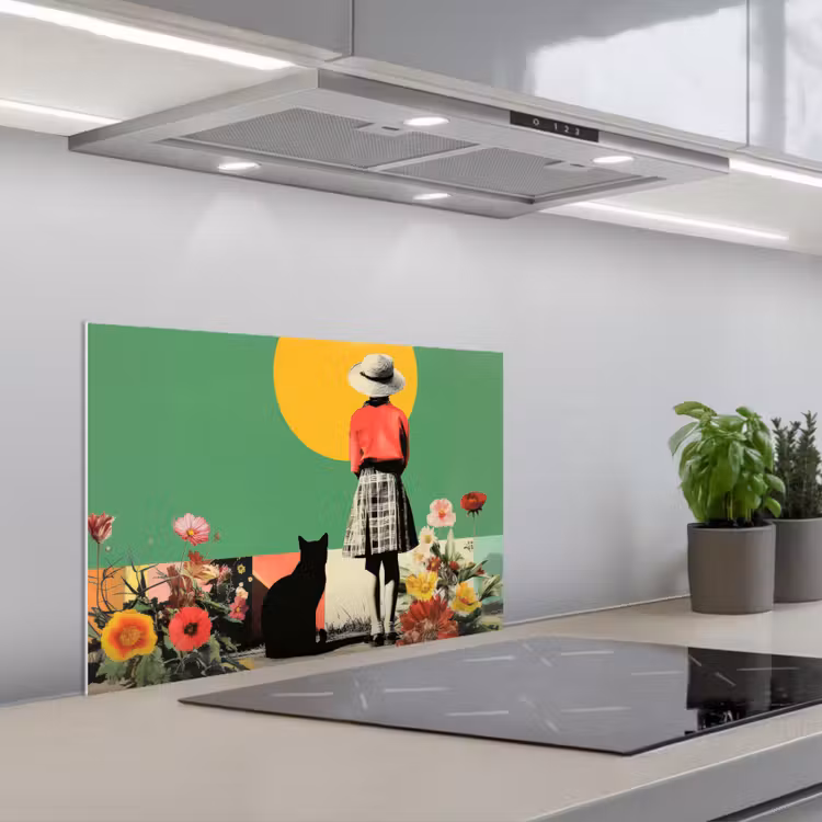 Retro - Meisje - Kat - Zon keuken achterwand spatscherm klein -3d_schuin