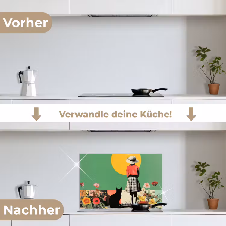 Retro - Meisje - Kat - Zon keuken achterwand spatscherm klein -voor_na_DE