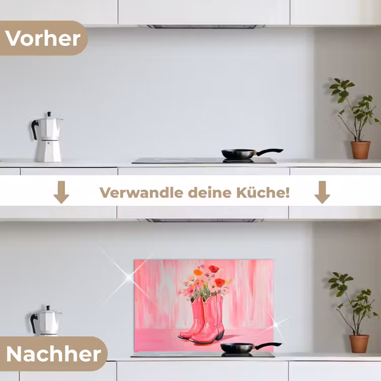 Roze - Bloemen - Cowboy keuken achterwand spatscherm klein -voor_na_DE