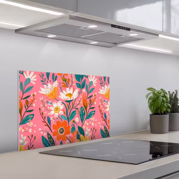Roze - Bloemen - Wit - Oranje keuken achterwand spatscherm klein -3d_schuin