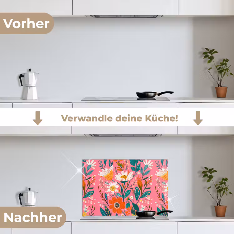 Roze - Bloemen - Wit - Oranje keuken achterwand spatscherm klein -voor_na_DE