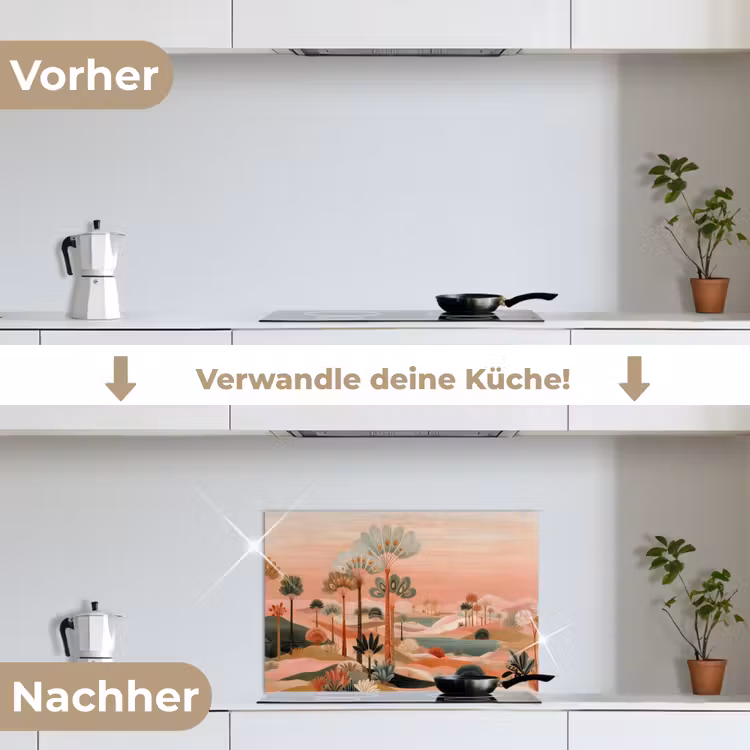 Roze landschap - Palmen - Water keuken achterwand spatscherm klein -voor_na_DE