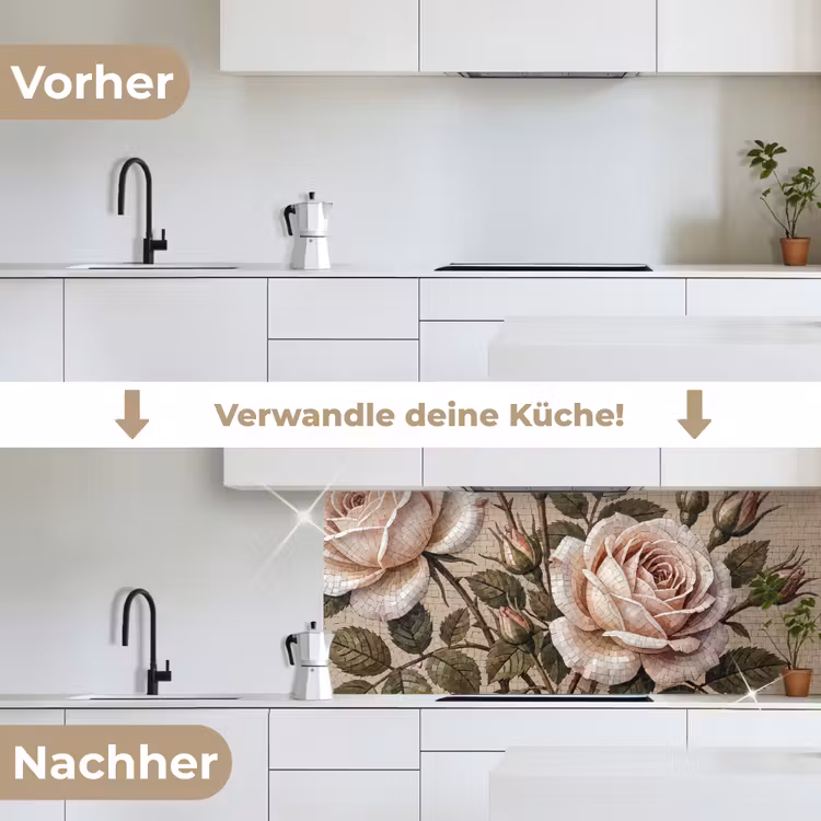 Roos - Mozaïek - Bloemen - Klassiek - Beige keuken achterwand 2 middel -voor-na_DE