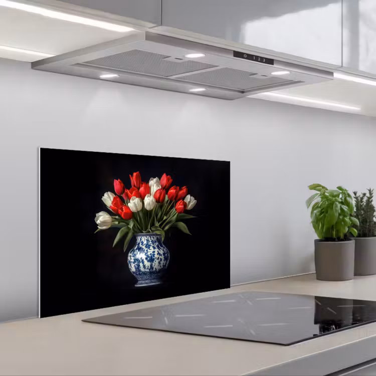 Rode - Bloemen - Tulpen - Vaas keuken achterwand spatscherm klein -3d_schuin