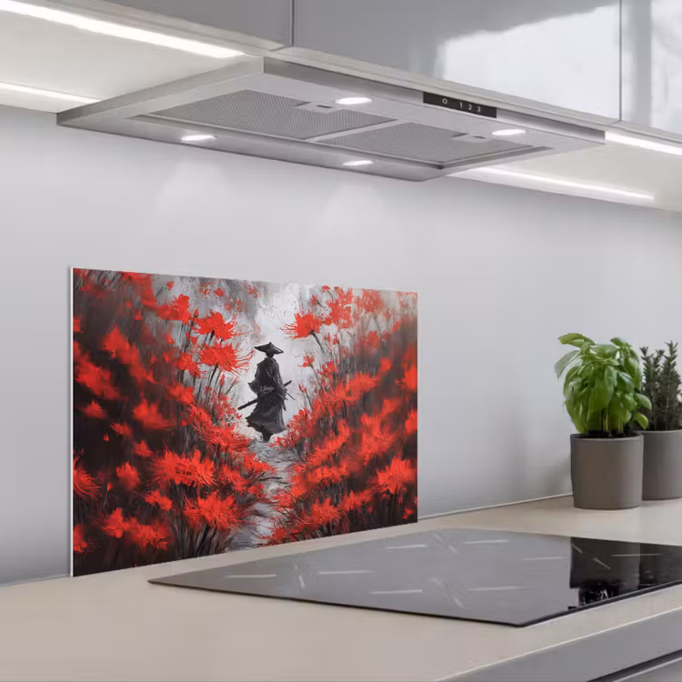 Rode bloemen - mistig - Man keuken achterwand spatscherm klein -3d_schuin