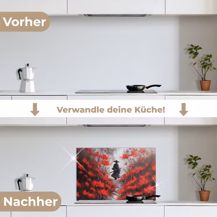 Rode bloemen - mistig - Man keuken achterwand spatscherm klein -voor_na_DE