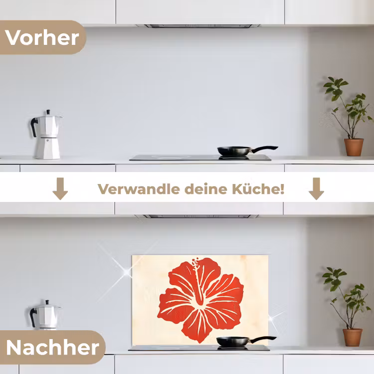 Rode hibiscusbloem - Textuur achtergrond - Beige keuken achterwand spatscherm klein -voor_na_DE