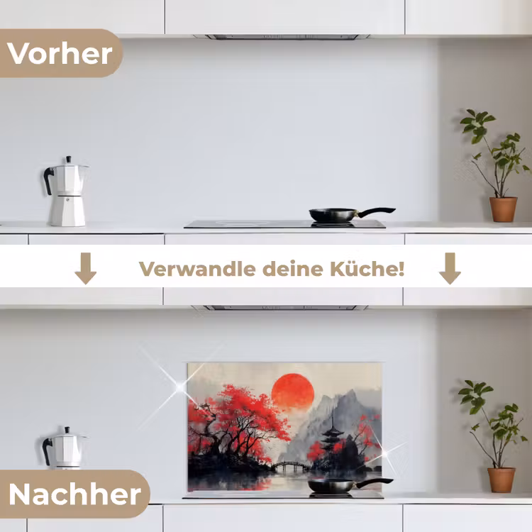 Rode zon - Rivier - brug - Bomen keuken achterwand spatscherm klein -voor_na_DE