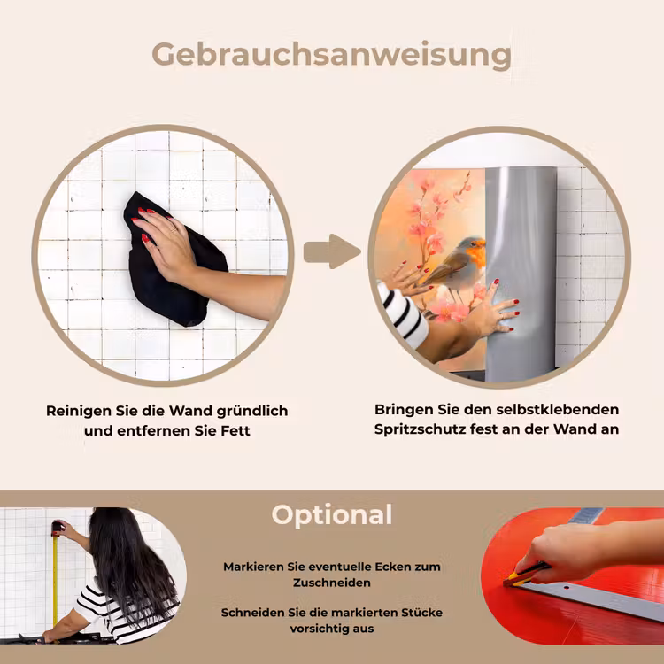 Roodborstjes - Sierlijk - Bloesemtak keuken achterwand spatscherm klein -gebruiksaanwijzing_DE
