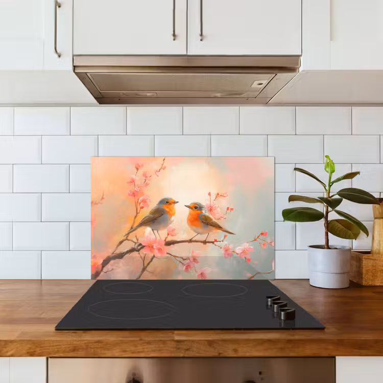Roodborstjes - Sierlijk - Bloesemtak keuken achterwand spatscherm klein -sfeer2