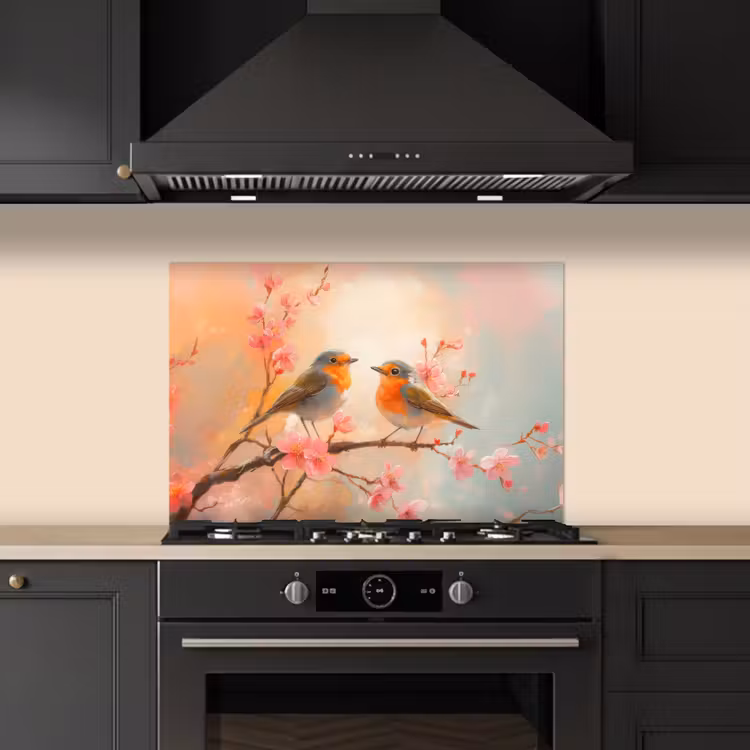 Roodborstjes - Sierlijk - Bloesemtak keuken achterwand spatscherm klein -sfeer1