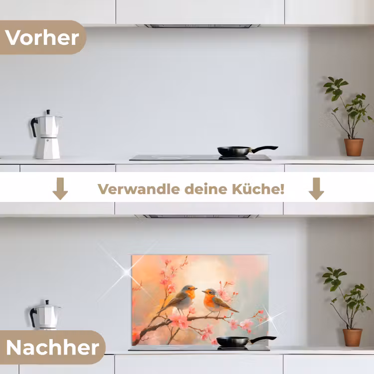 Roodborstjes - Sierlijk - Bloesemtak keuken achterwand spatscherm klein -voor_na_DE