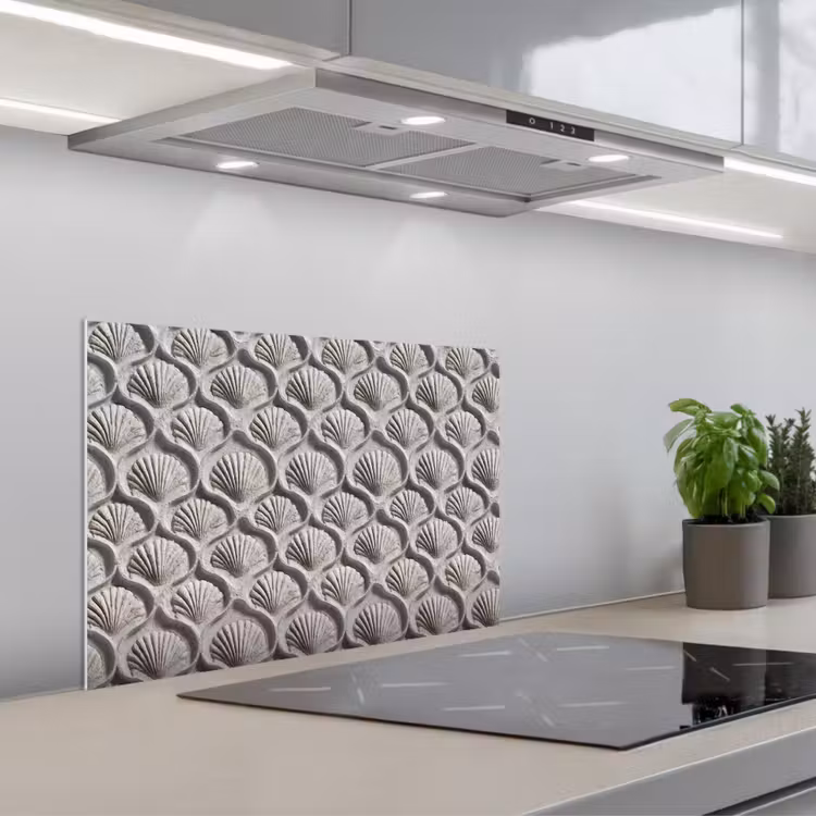 Zand - Schelpenvorm - Grijs keuken achterwand spatscherm klein 900 -3d_schuin