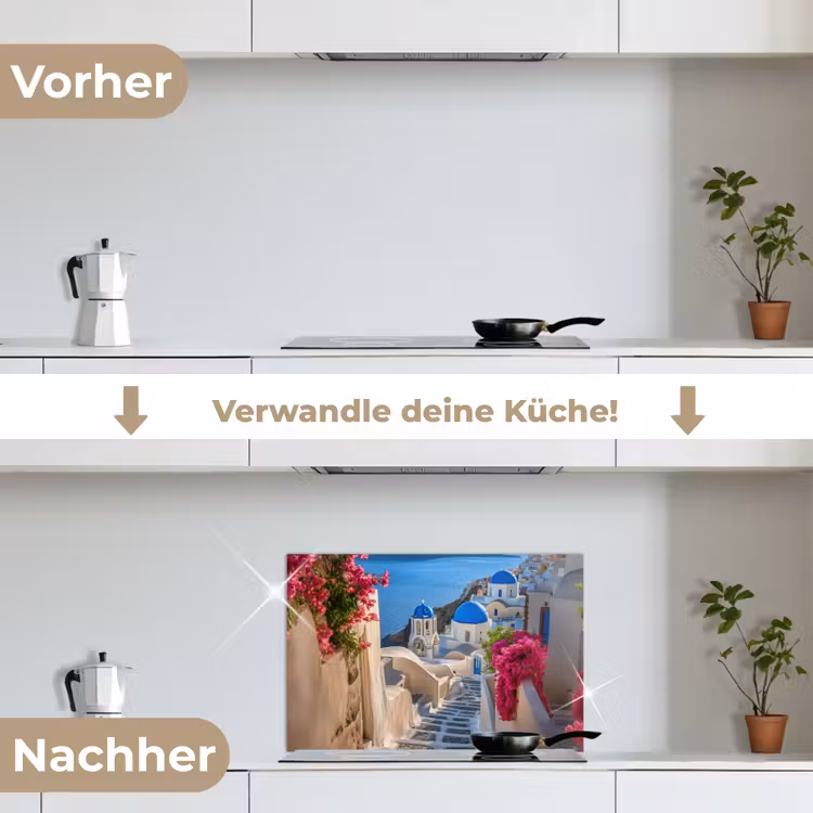 Santorini - Bloemen - Griekenland keuken achterwand spatscherm klein -voor_na_DE