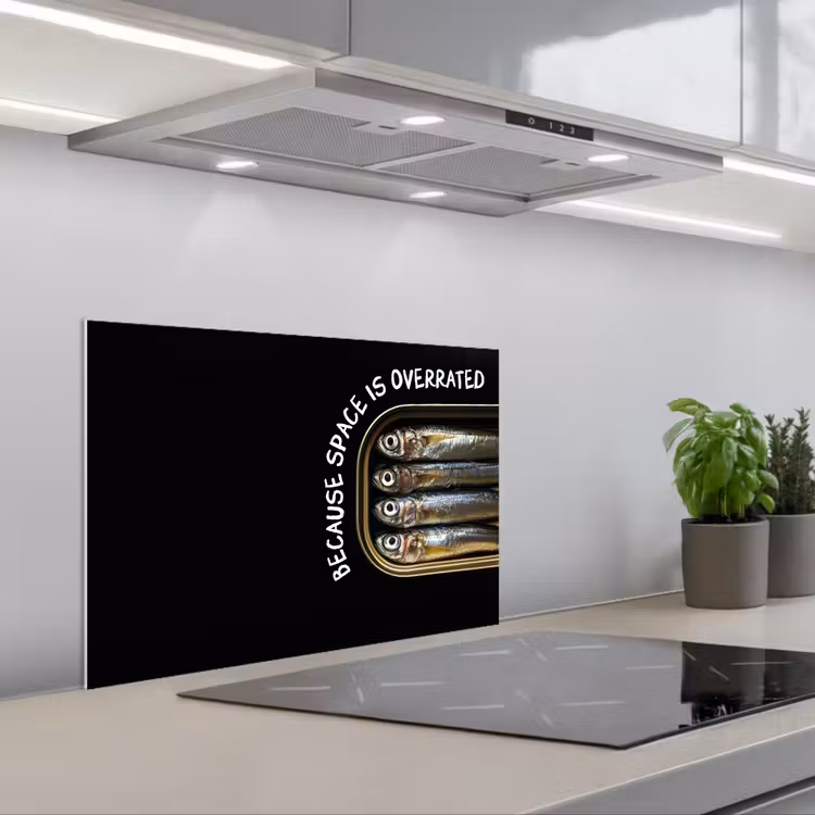 Sardines - Tekst - Vis - Blik keuken achterwand spatscherm klein -3d_schuin