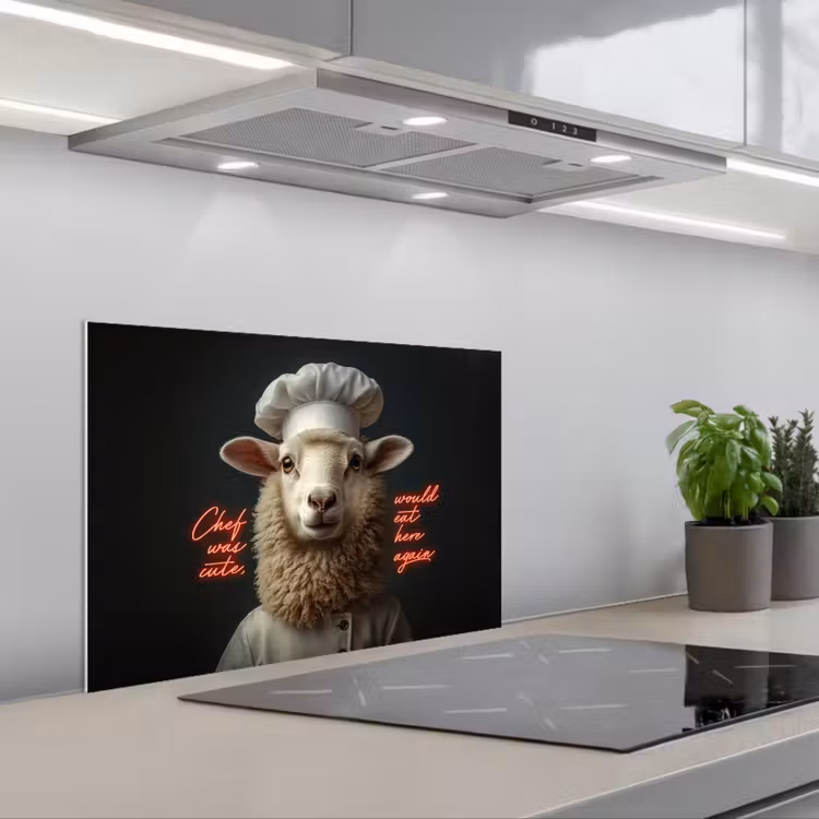 Schaap - Kokskleding - Neon - Quote keuken achterwand spatscherm klein -3d_schuin