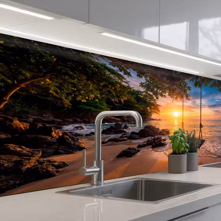 Schommel - Strand - Zonsondergang - Natuur - Oranje keuken achterwand 2 middel -3d_schuin
