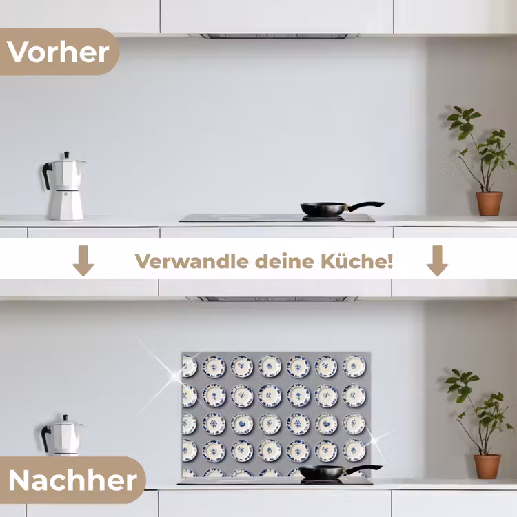Borden - Bloemen - Blauw - Wit keuken achterwand spatscherm klein 900 -voor_na_DE