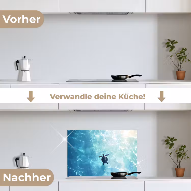 Schildpad - Zee - Blauw - Schittering keuken achterwand spatscherm klein -voor_na_DE