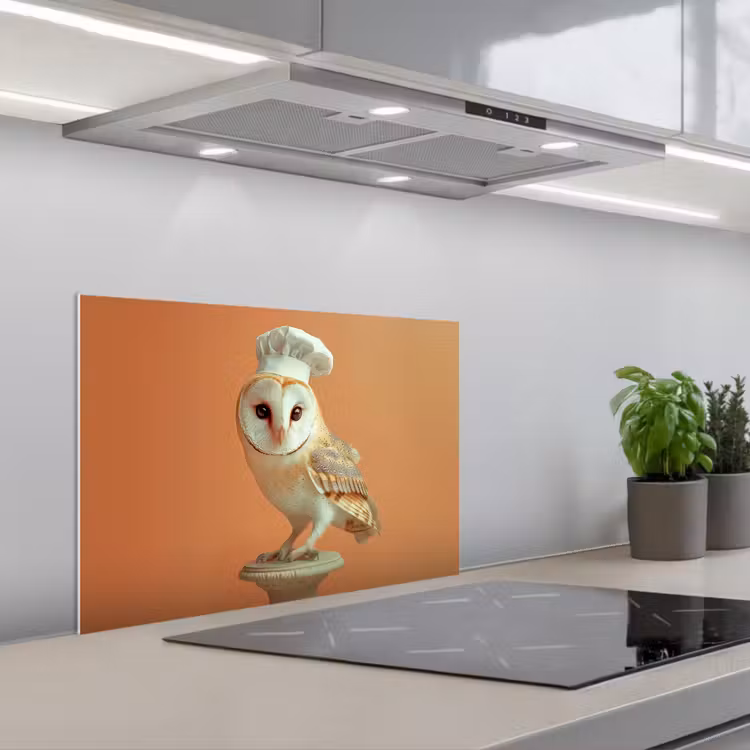 Kerkuil - Koksmuts - Oranje - Vogel keuken achterwand spatscherm klein -3d_schuin