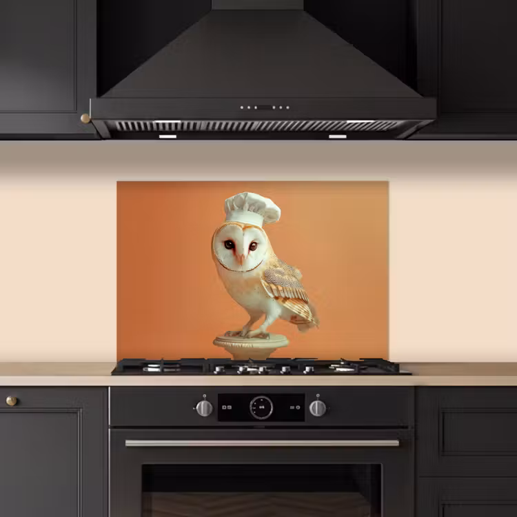 Kerkuil - Koksmuts - Oranje - Vogel keuken achterwand spatscherm klein -sfeer1