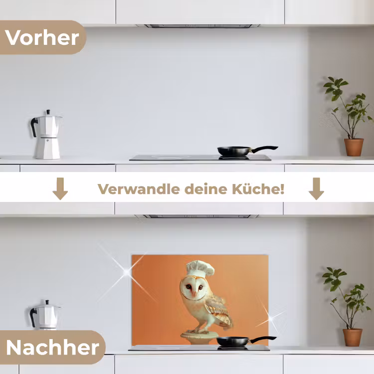 Kerkuil - Koksmuts - Oranje - Vogel keuken achterwand spatscherm klein -voor_na_DE
