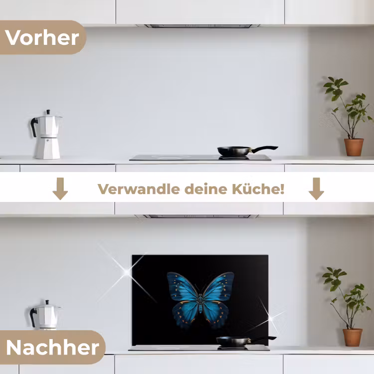 Vlinder - Blauw - Contrast keuken achterwand spatscherm klein -voor_na_DE