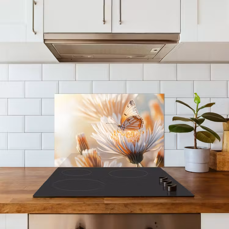 Vlinder - Bloem - Oranje keuken achterwand spatscherm klein -sfeer2