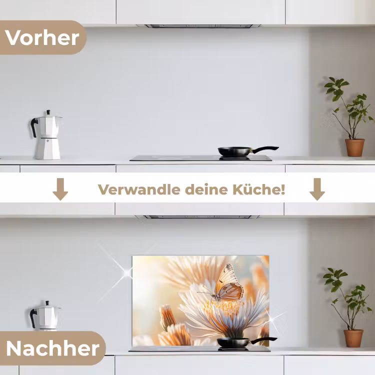 Vlinder - Bloem - Oranje keuken achterwand spatscherm klein -voor_na_DE