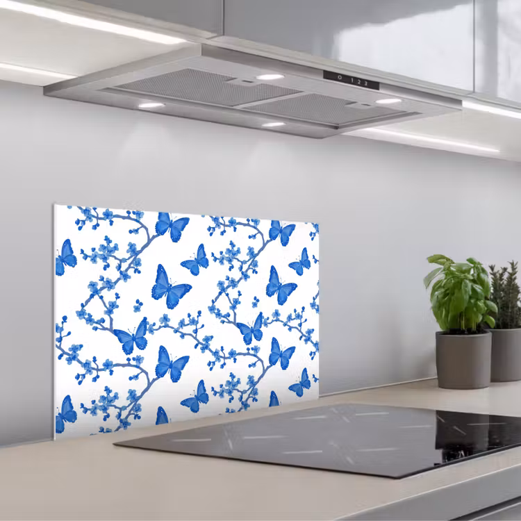 Vlinder - Bloemen - Blauw keuken achterwand spatscherm klein 900 -3d_schuin