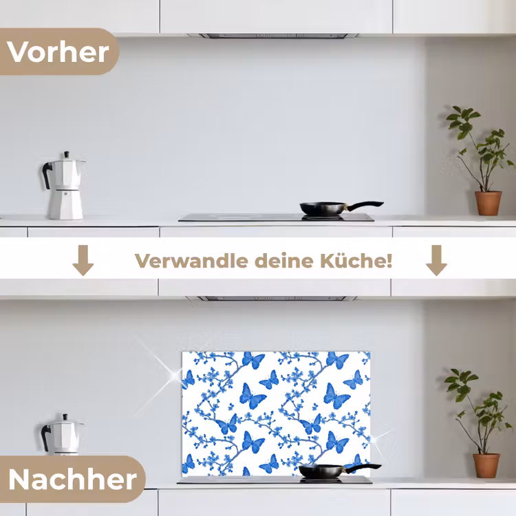 Vlinder - Bloemen - Blauw keuken achterwand spatscherm klein 900 -voor_na_DE