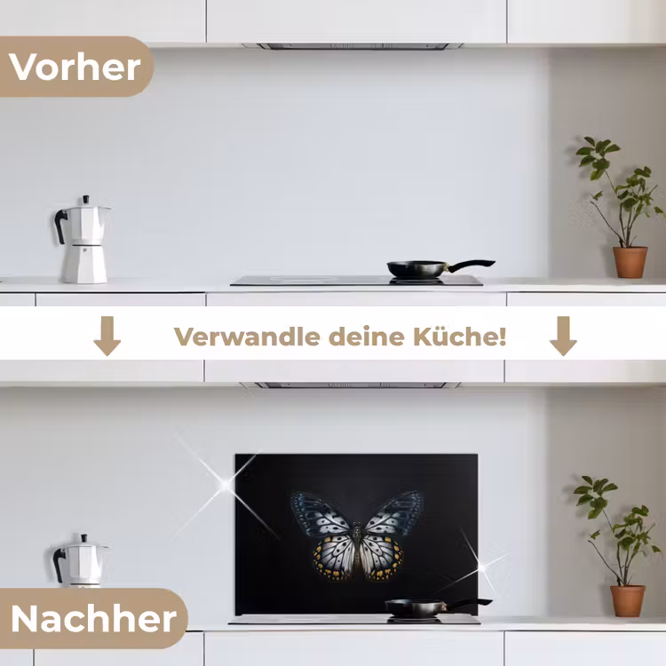 Vlinder - Monochroom - Balans keuken achterwand spatscherm klein -voor_na_DE