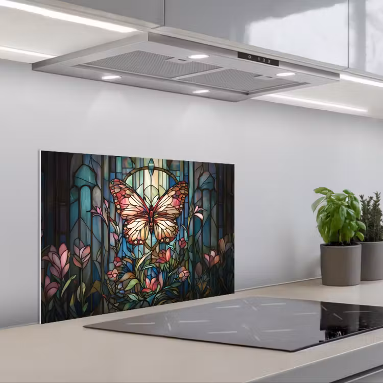 Vlinder - Roze - Bloemen - Bladeren keuken achterwand spatscherm klein -3d_schuin