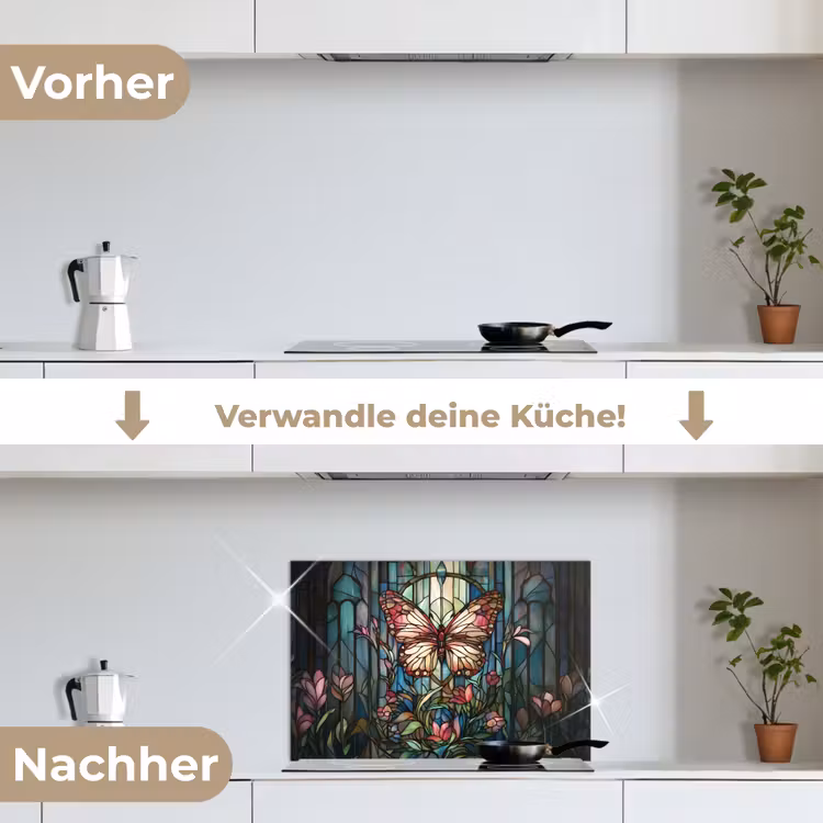 Vlinder - Roze - Bloemen - Bladeren keuken achterwand spatscherm klein -voor_na_DE