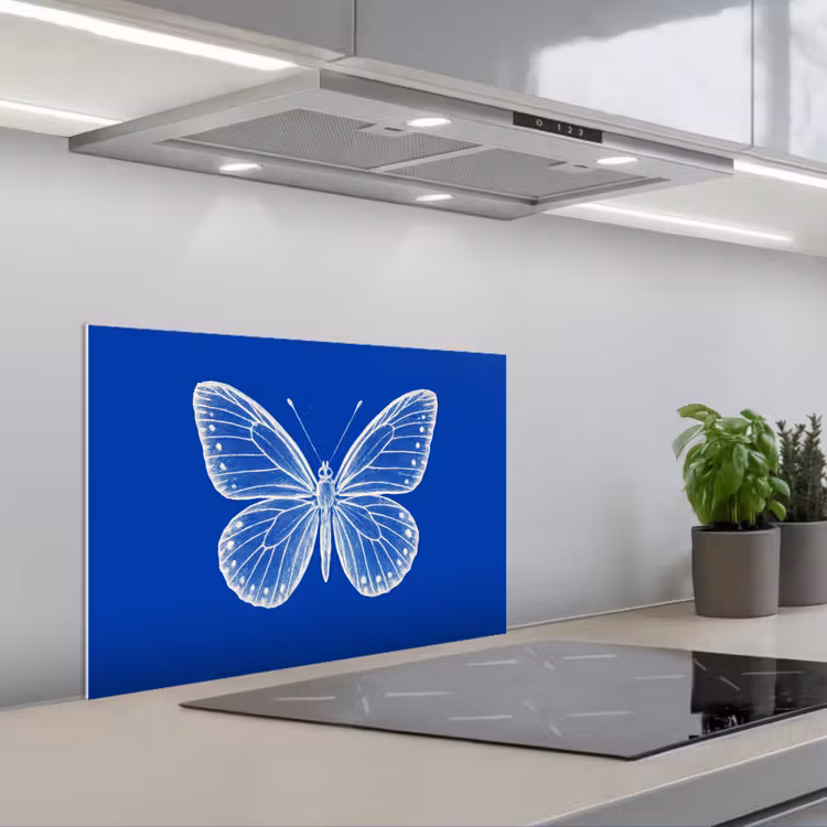 Vlinder - Wit - Getekend - Stippen keuken achterwand spatscherm klein -3d_schuin