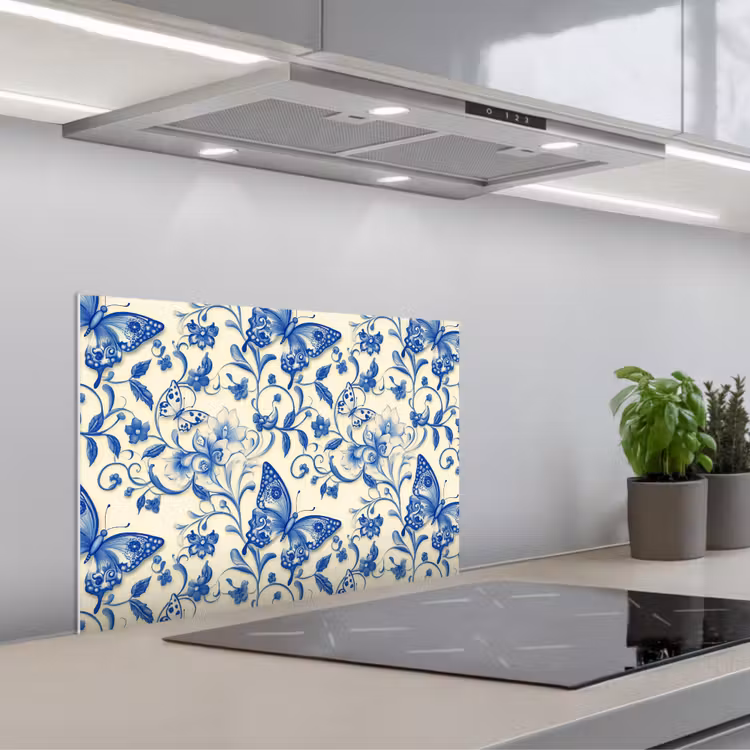 Vlinders - Bloemen - Blauw - Botanisch keuken achterwand spatscherm klein 900 -3d_schuin