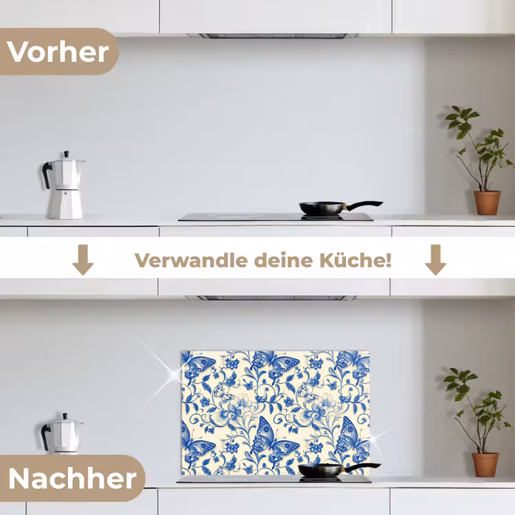Vlinders - Bloemen - Blauw - Botanisch keuken achterwand spatscherm klein 900 -voor_na_DE