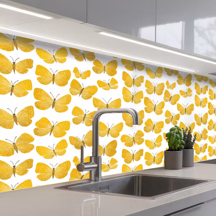 Vlinders - Botanisch - Illustratie - Geel - Wit keuken achterwand 2 middel 871 -3d_schuin