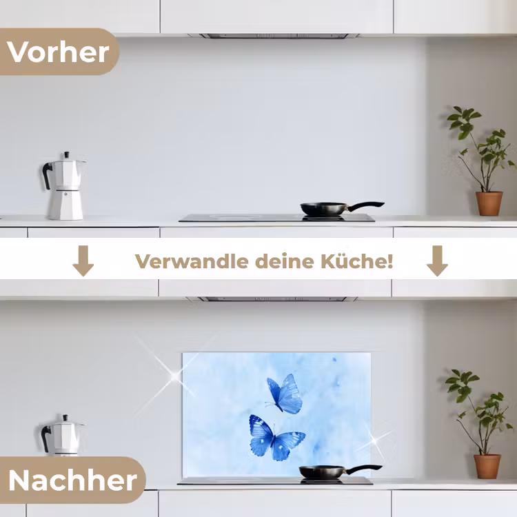 Vlinders - Sierlijk - Blauw keuken achterwand spatscherm klein -voor_na_DE
